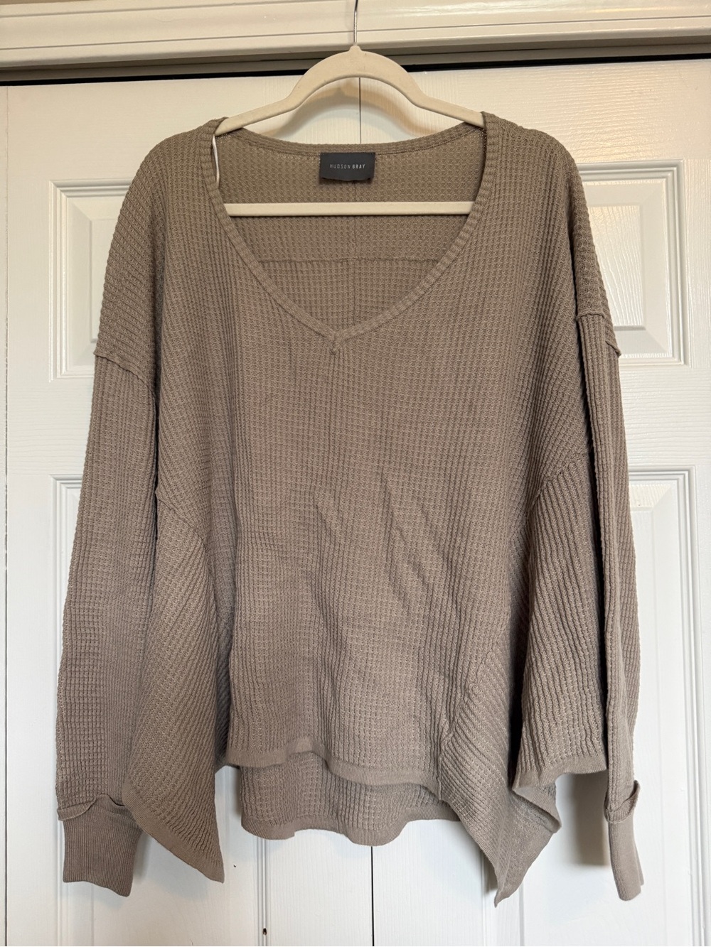 Taupe Relaxed V-Neck Waffle Knit Sweater
